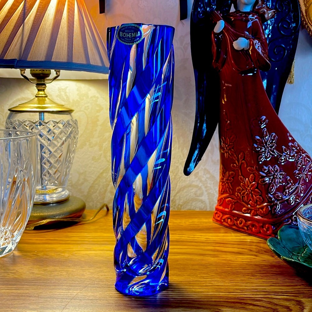 Vintage Bohemia hand cut lead crystal blue swirl vase